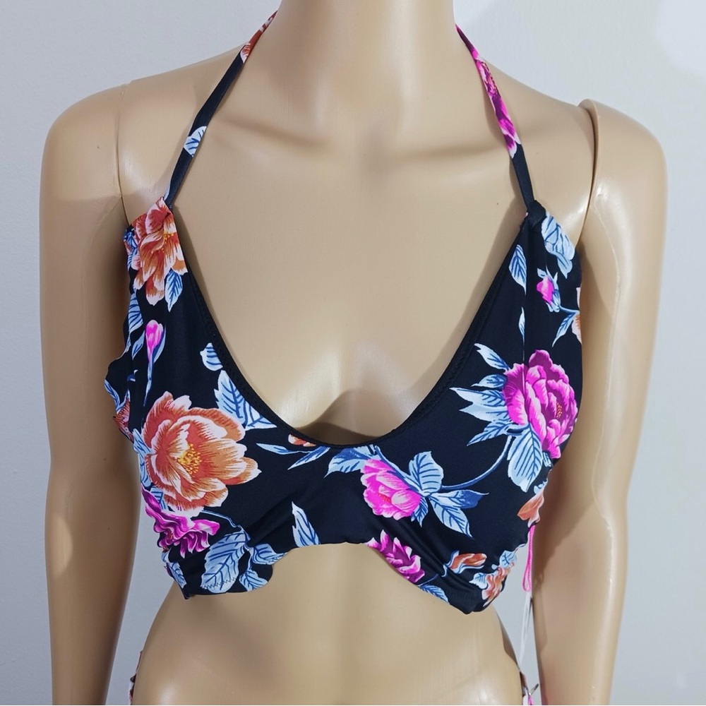 NWT Vanilla/Beach Scalloped Floral Halter Bikini Top with Pink & Orange Blooms
